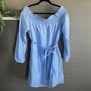 Express Light Blue Pinstripe Off the Shoulder Tie Dress